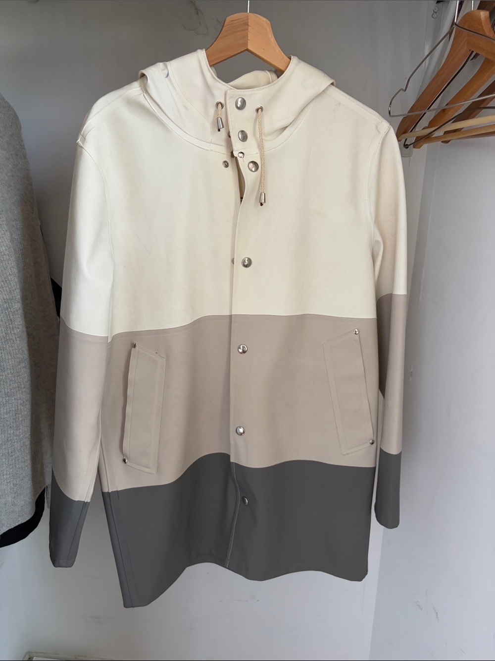 Stutterheim Colorblock Hooded Raincoat in White, Light Gray, and Dark Gray